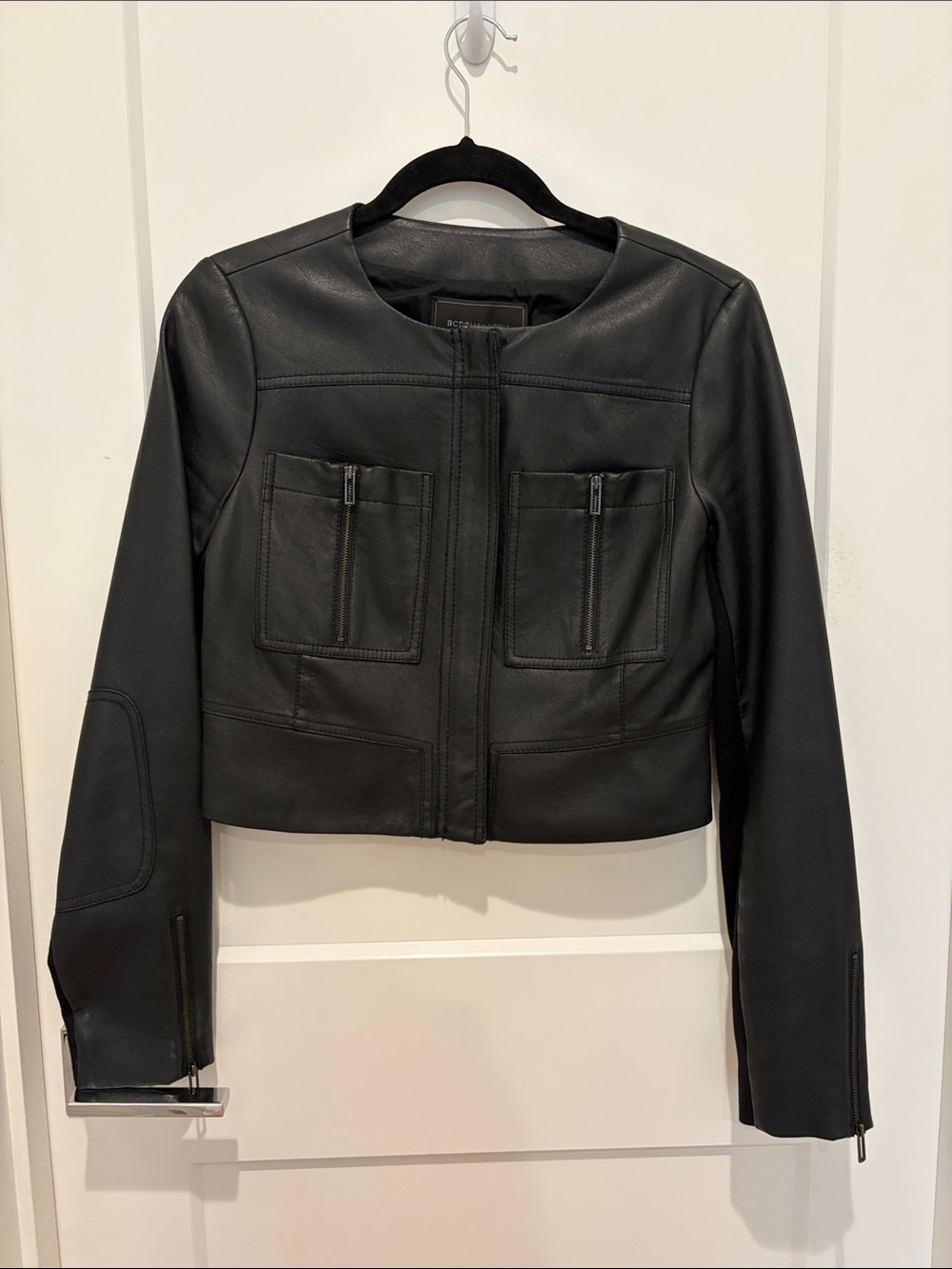 BCBGMaxAzria Black Faux Leather Zip-Pocket Cropped Jacket